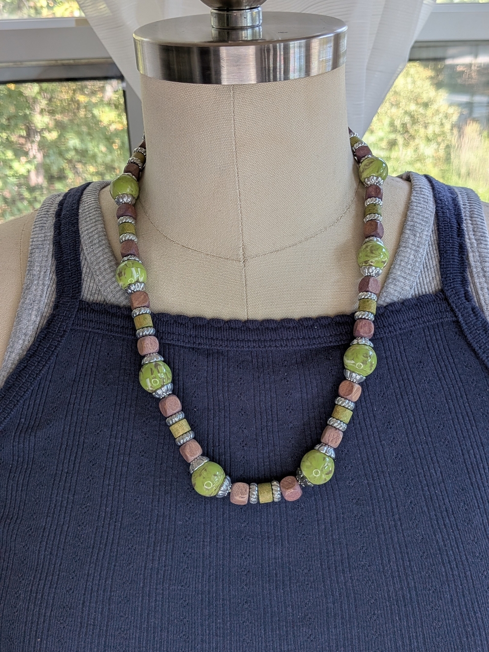 Boho Olive Green Marbled Acrylic & Wood Bead Single Strand Necklace